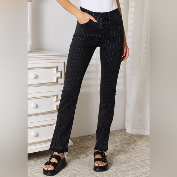 NEW Kancan Black 90s Style High Waisted Metallic Striped Straight Leg Pants - Picture 3 of 4